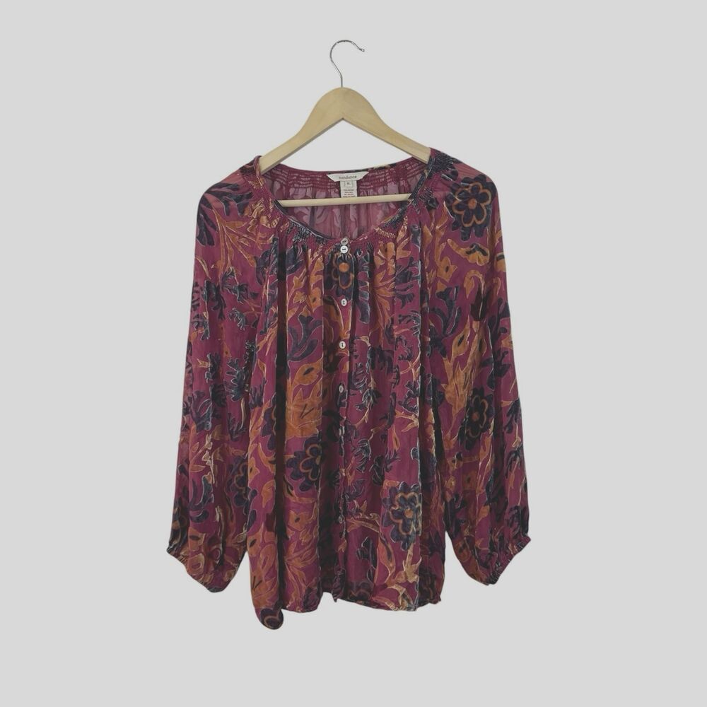 Sundance X-Large Silk Rayon Blouse Sheer Velvet Floral Button Top Womens READ
